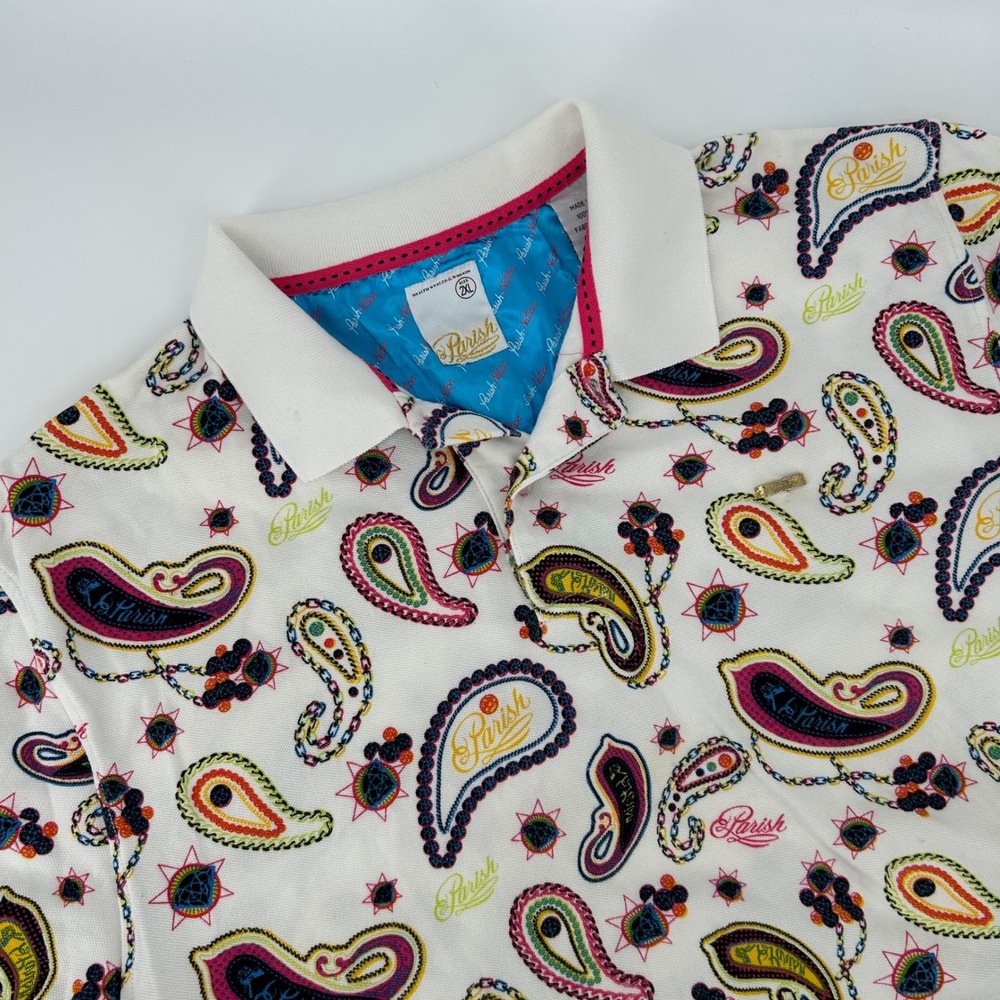 Parish Nation Mens 2XL‎ White Paisley All Over Print Short Sleeve Polo Shirt